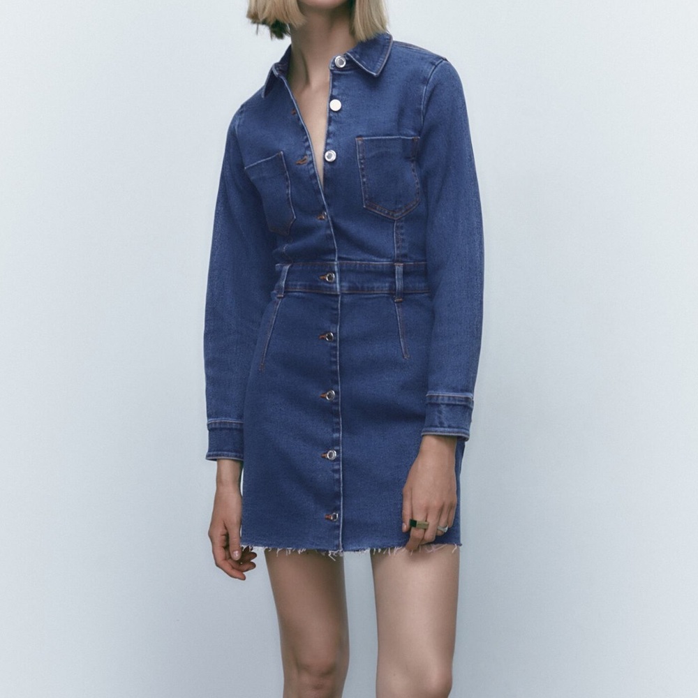 ZARA L/S Denim Jean Fit & Flare Mini Dress Sz S